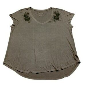 American Eagle Soft & Sexy Olive Green V-Neck Top XXL With Floral Embroidery